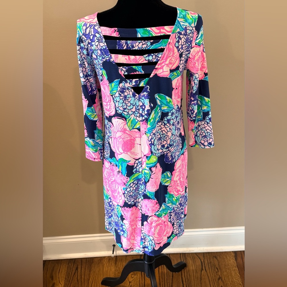Women’s LILLY PULITZER Ophelia High Tide Navy Hey Hey Bouquet swing dress- Sz M - Picture 4 of 7